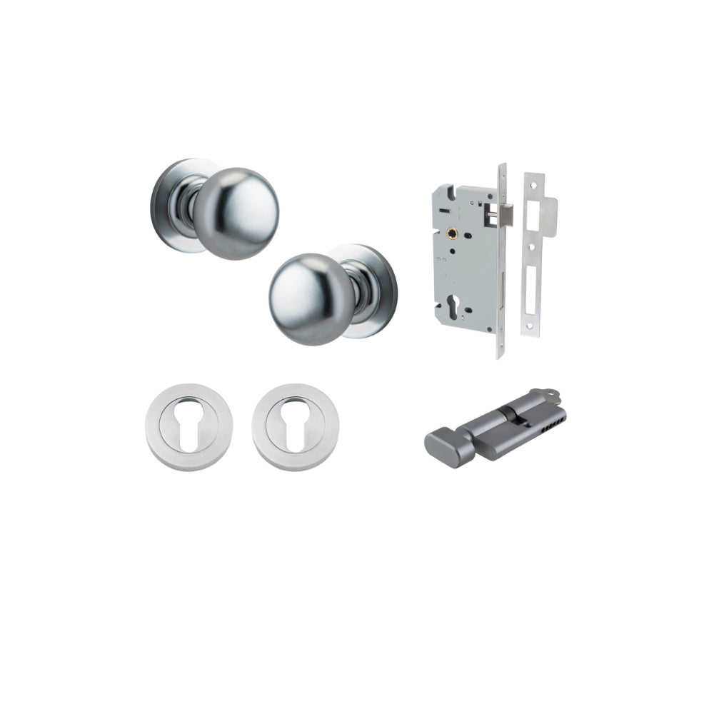 Door Knob Cambridge Round Rose Concealed Fix Brushed Chrome D54xP67mm BP58mm Entrance Kit, Mortice Lock Euro Brushed Chrome CTC85mm Backset 60mm, Euro Cylinder Key Thumb 6 Pin Brushed Chrome L70mm KA1, Escutcheon Euro Concealed Fix Round Pair Brus… in Brushed Chrome