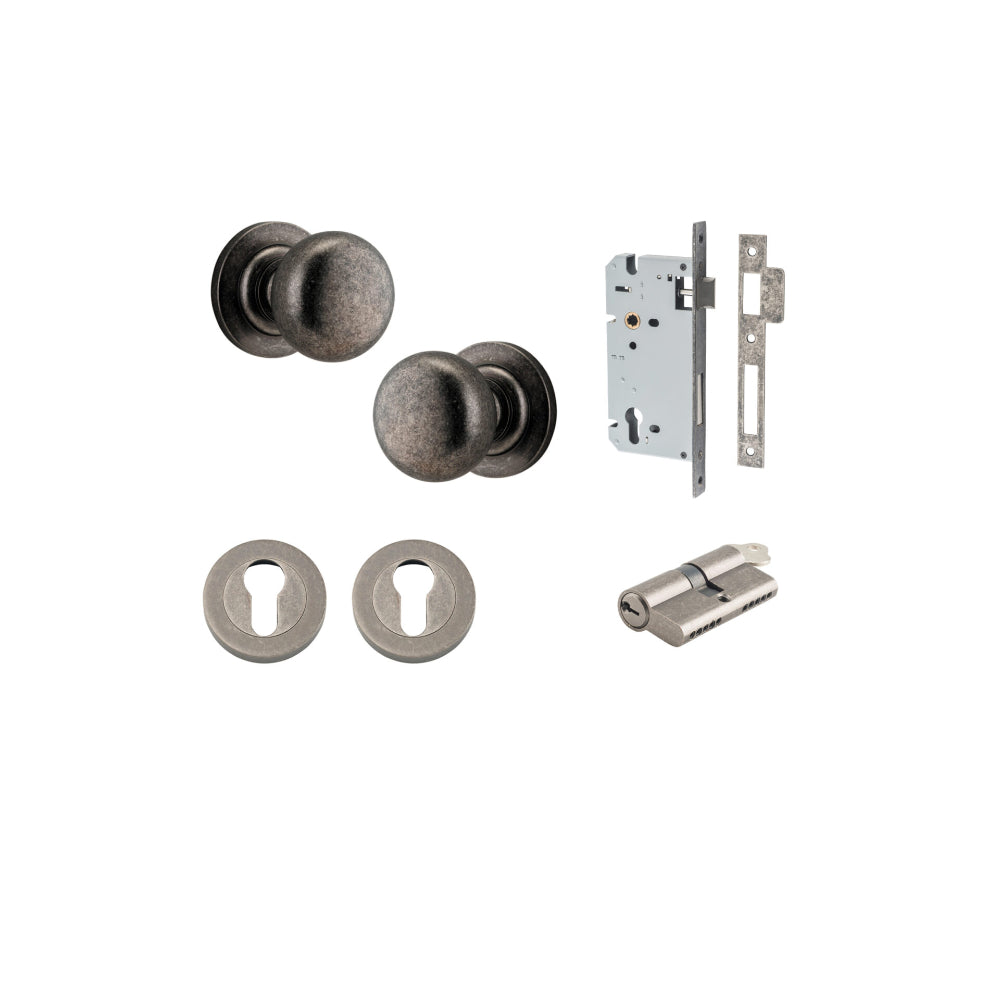 Door Knob Cambridge Round Rose Concealed Fix Distressed Nickel D54xP67mm BP58mm Entrance Kit, Mortice Lock Euro Distressed Nickel CTC85mm Backset 60mm, Euro Cylinder Dual Function 5 Pin Distressed Nickel L65mm KA1, Escutcheon Euro Concealed Fix Ro… in Distressed Nickel