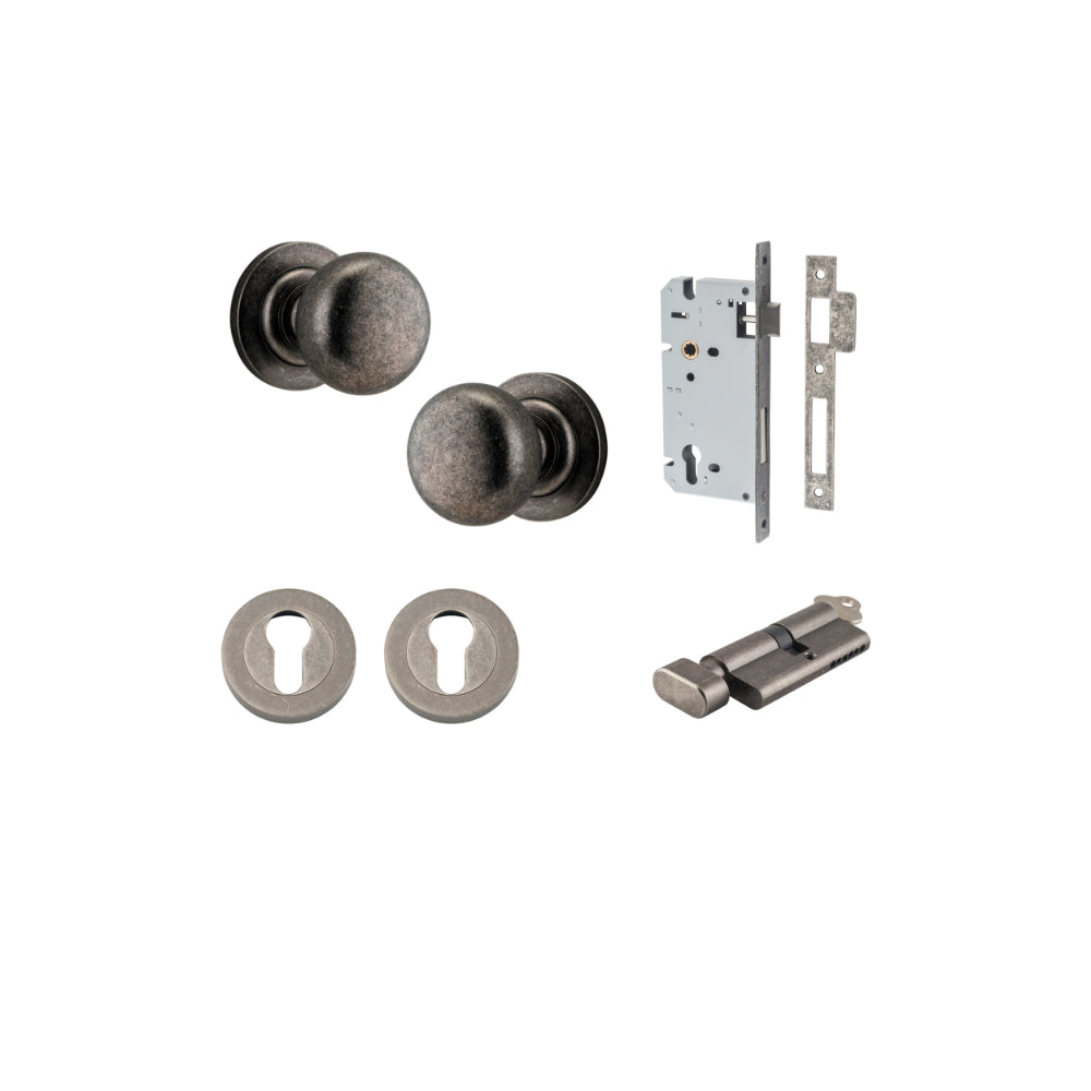 Door Knob Cambridge Round Rose Concealed Fix Distressed Nickel D54xP67mm BP58mm Entrance Kit, Mortice Lock Euro Distressed Nickel CTC85mm Backset 60mm, Euro Cylinder Key Thumb 6 Pin Distressed Nickel L70mm KA1, Escutcheon Euro Concealed Fix Round … in Distressed Nickel