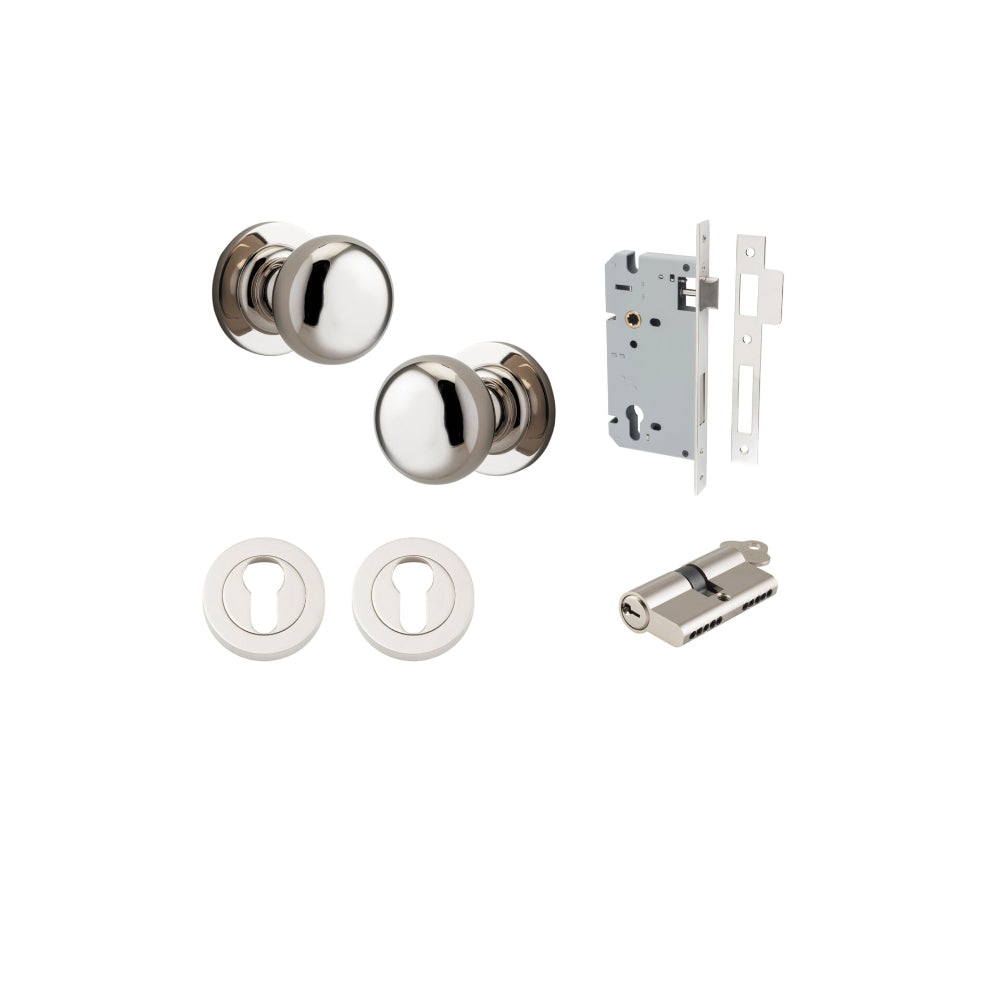 Door Knob Cambridge Round Rose Concealed Fix Polished Nickel D54xP67mm BP58mm Entrance Kit, Mortice Lock Euro Polished Nickel CTC85mm Backset 60mm, Euro Cylinder Dual Function 5 Pin Polished Nickel L65mm KA1, Escutcheon Euro Concealed Fix Round Pa… in Polished Nickel