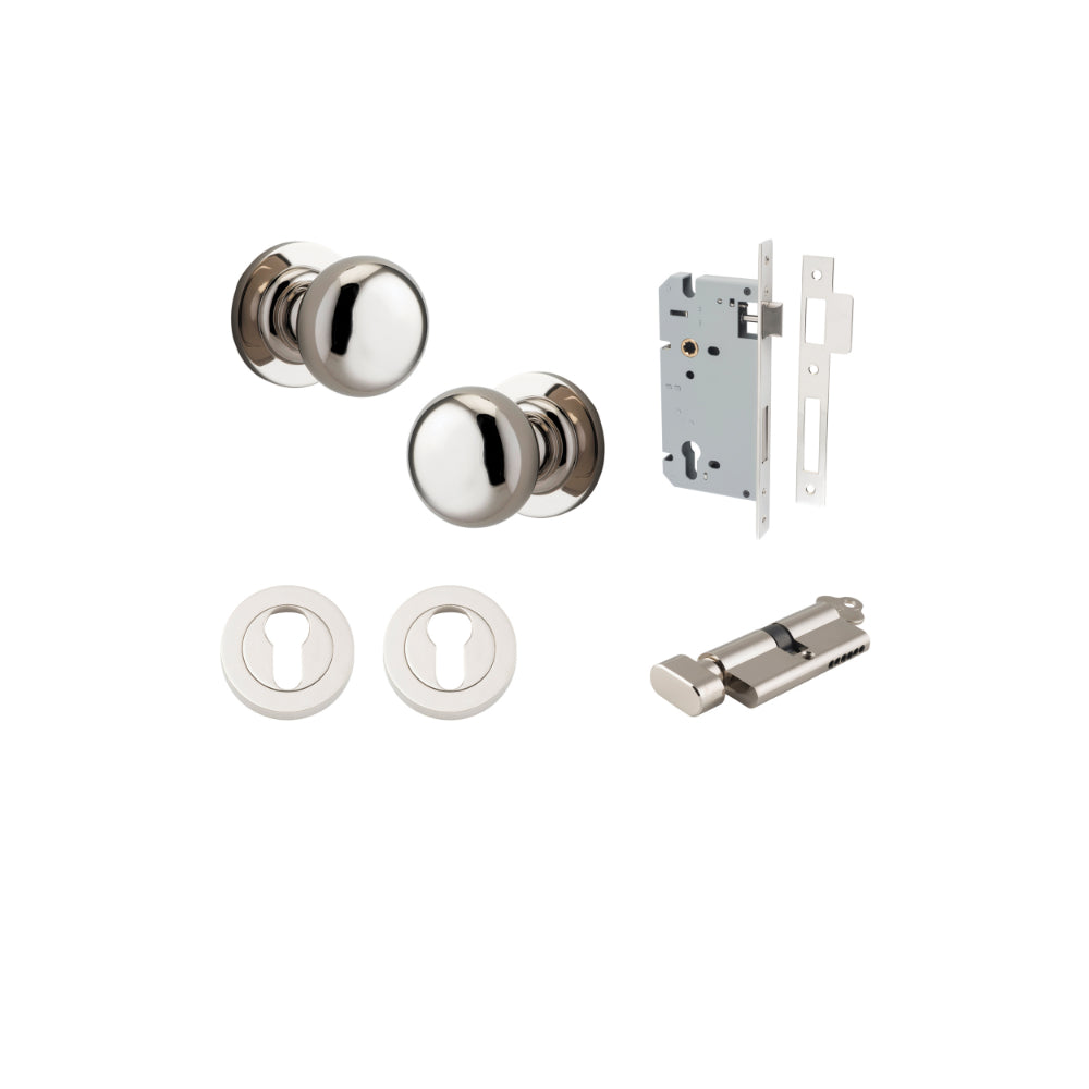 Door Knob Cambridge Round Rose Concealed Fix Polished Nickel D54xP67mm BP58mm Entrance Kit, Mortice Lock Euro Polished Nickel CTC85mm Backset 60mm, Euro Cylinder Key Thumb 6 Pin Polished Nickel L70mm KA1, Escutcheon Euro Concealed Fix Round Pair P… in Polished Nickel