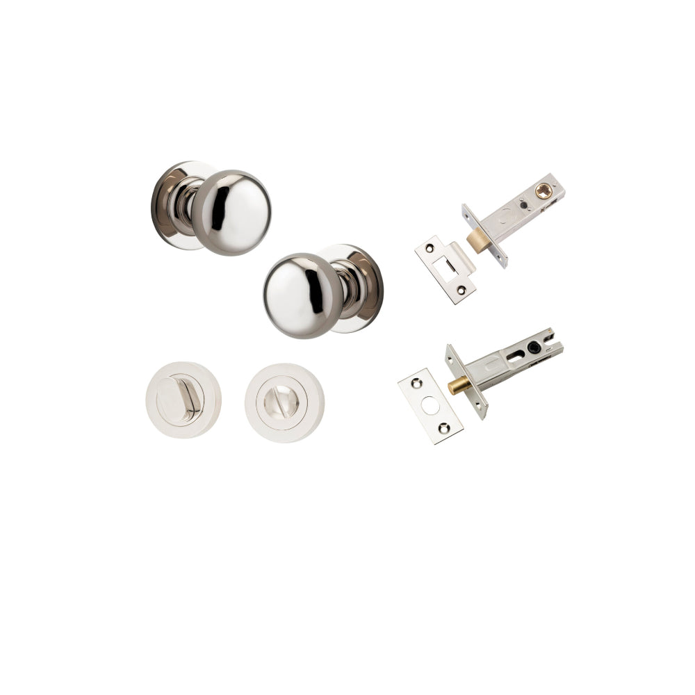 Door Knob Cambridge Round Rose Concealed Fix Polished Nickel D54xP67mm BP58mm Privacy Kit, Tube Latch Split Cam 'T' Striker Polished Nickel Backset 60mm, Privacy Bolt Round Bolt Polished Nickel Backset 60mm, Privacy Turn Oval Concealed Fix Round P… in Polished Nickel