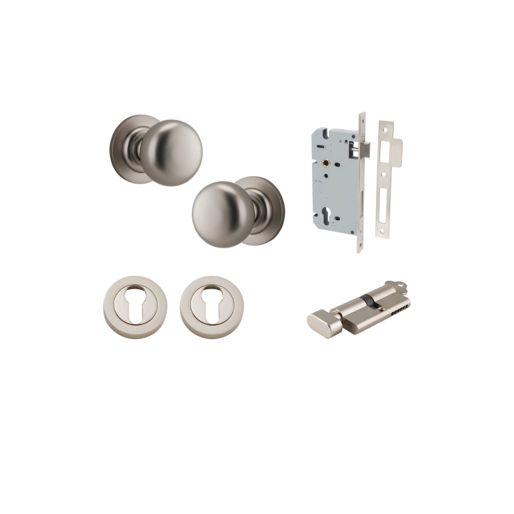 Door Knob Cambridge Round Rose Concealed Fix Satin Nickel D54xP67mm BP58mm Entrance Kit, Mortice Lock Euro Satin Nickel CTC85mm Backset 60mm, Euro Cylinder Key Thumb 6 Pin Satin Nickel L70mm KA1, Escutcheon Euro Concealed Fix Round Pair Satin Nick… in Satin Nickel