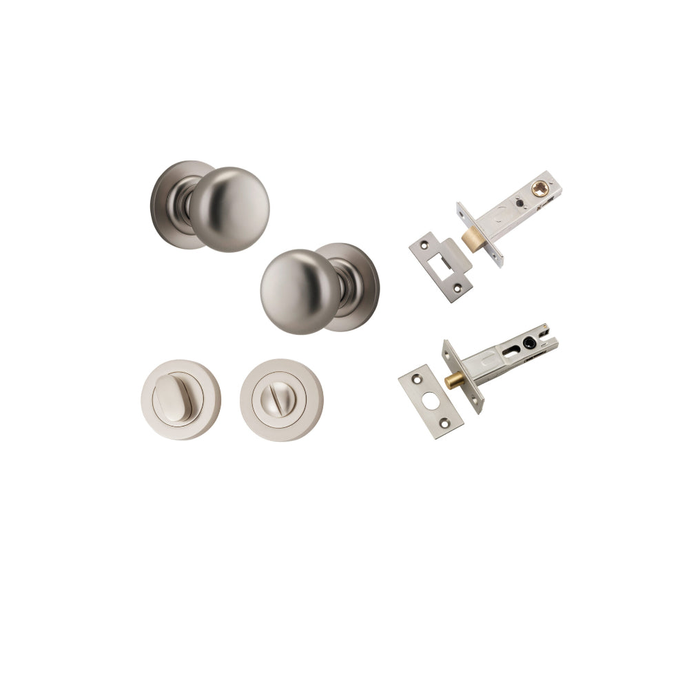 Door Knob Cambridge Round Rose Concealed Fix Satin Nickel D54xP67mm BP58mm Privacy Kit, Tube Latch Split Cam 'T' Striker Satin Nickel Backset 60mm, Privacy Bolt Round Bolt Satin Nickel Backset 60mm, Privacy Turn Oval Concealed Fix Round Satin Nick… in Satin Nickel