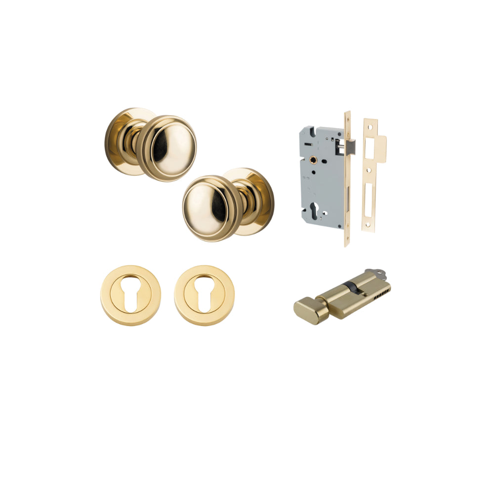 Door Knob Paddington Round Rose Concealed Fix Polished Brass D54xP68mm BP58mm Entrance Kit, Mortice Lock Euro Polished Brass CTC85mm Backset 60mm, Euro Cylinder Key Thumb 6 Pin Polished Brass L70mm KA1, Escutcheon Euro Concealed Fix Round Pair Pol… in Polished Brass