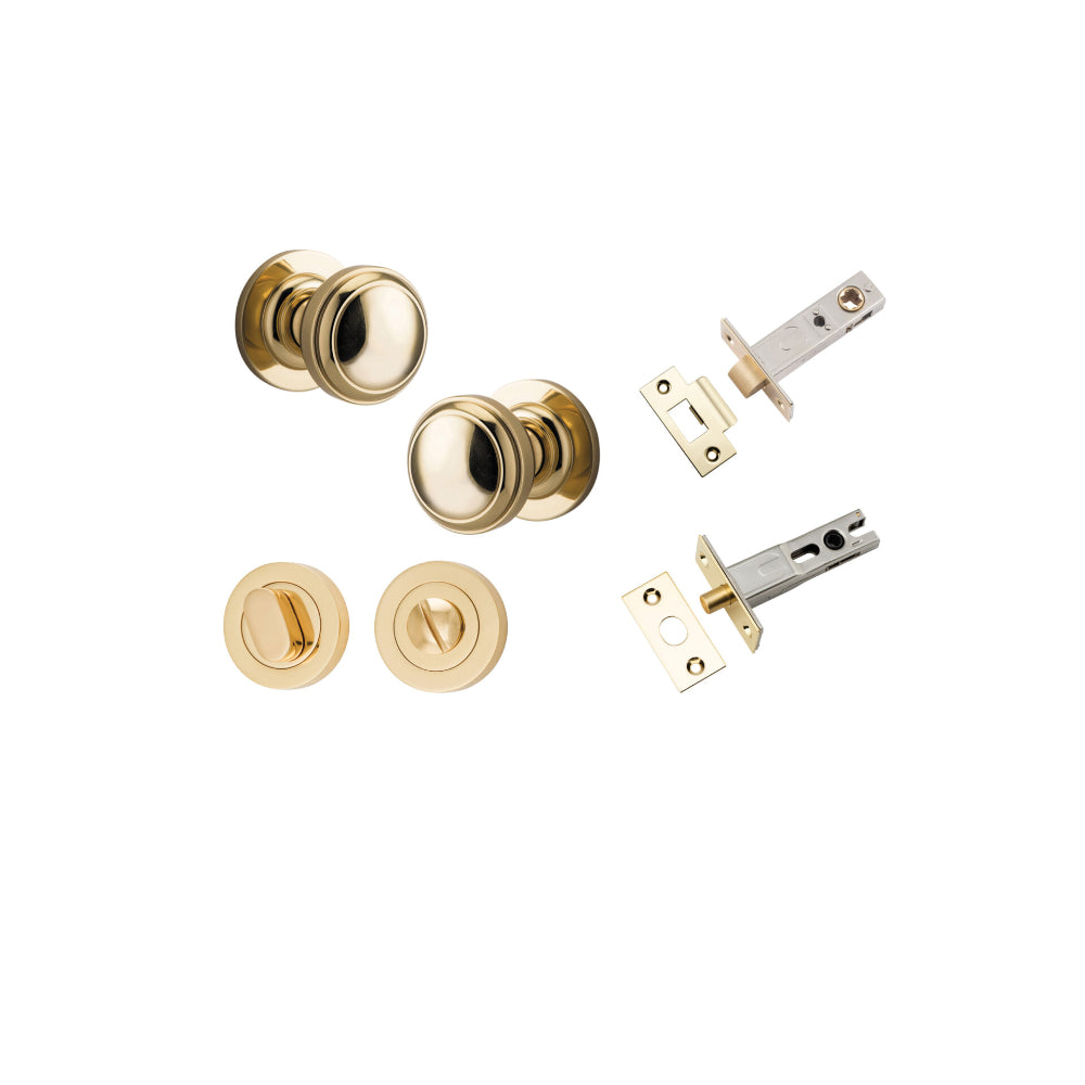 Door Knob Paddington Round Rose Concealed Fix Polished Brass D54xP68mm BP58mm Privacy Kit, Tube Latch Split Cam 'T' Striker Polished Brass Backset 60mm, Privacy Bolt Round Bolt Polished Brass Backset 60mm, Privacy Turn Oval Concealed Fix Round Pol… in Polished Brass