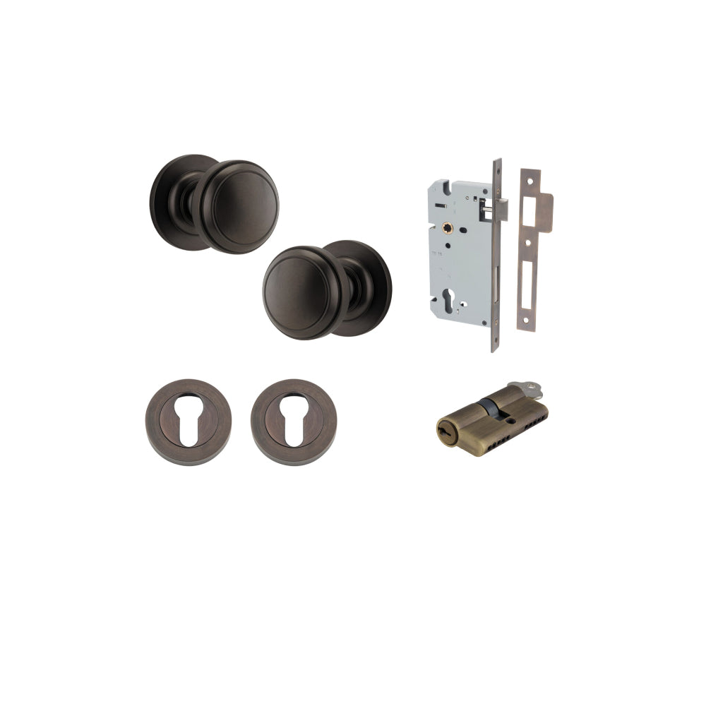 Door Knob Paddington Round Rose Concealed Fix Signature Brass D54xP68mm BP58mm Entrance Kit, Mortice Lock Euro Signature Brass CTC85mm Backset 60mm, Euro Cylinder Dual Function 5 Pin Signature Brass L65mm KA1, Escutcheon Euro Concealed Fix Round Pa… in Signature Brass