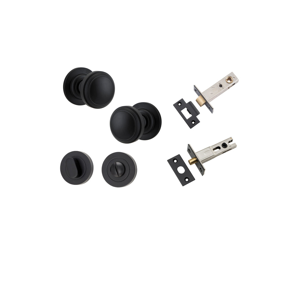 Door Knob Paddington Round Rose Concealed Fix Matt Black D54xP68mm BP58mm Privacy Kit, Tube Latch Split Cam 'T' Striker Matt Black Backset 60mm, Privacy Bolt Round Bolt Matt Black Backset 60mm, Privacy Turn Oval Concealed Fix Round Matt Black D52x… in Matt Black