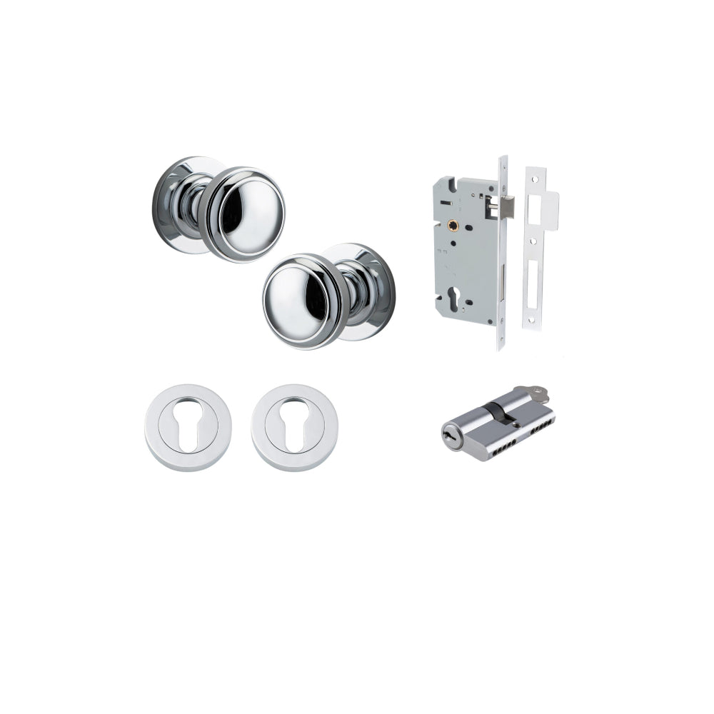 Door Knob Paddington Round Rose Concealed Fix Polished Chrome D54xP68mm BP58mm Entrance Kit, Mortice Lock Euro Polished Chrome CTC85mm Backset 60mm, Euro Cylinder Dual Function 5 Pin Polished Chrome L65mm KA1, Escutcheon Euro Concealed Fix Round P… in Polished Chrome