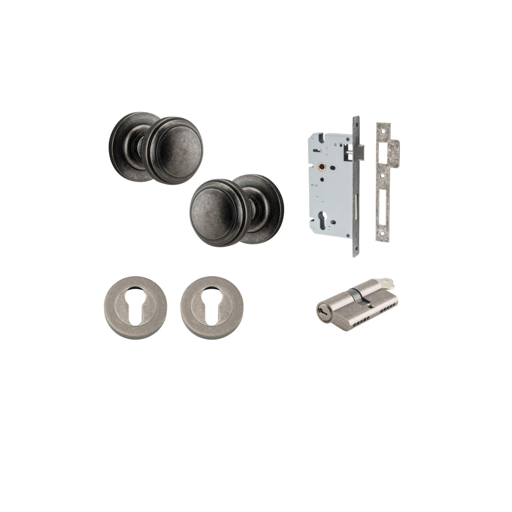 Door Knob Paddington Round Rose Concealed Fix Distressed Nickel D54xP68mm BP58mm Entrance Kit, Mortice Lock Euro Distressed Nickel CTC85mm Backset 60mm, Euro Cylinder Dual Function 5 Pin Distressed Nickel L65mm KA1, Escutcheon Euro Concealed Fix R… in Distressed Nickel