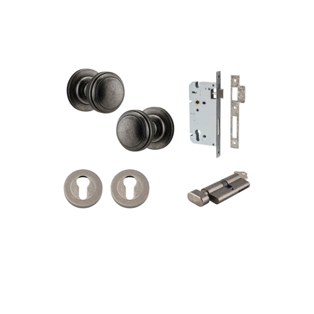 Door Knob Paddington Round Rose Concealed Fix Distressed Nickel D54xP68mm BP58mm Entrance Kit, Mortice Lock Euro Distressed Nickel CTC85mm Backset 60mm, Euro Cylinder Key Thumb 6 Pin Distressed Nickel L70mm KA1, Escutcheon Euro Concealed Fix Round… in Distressed Nickel