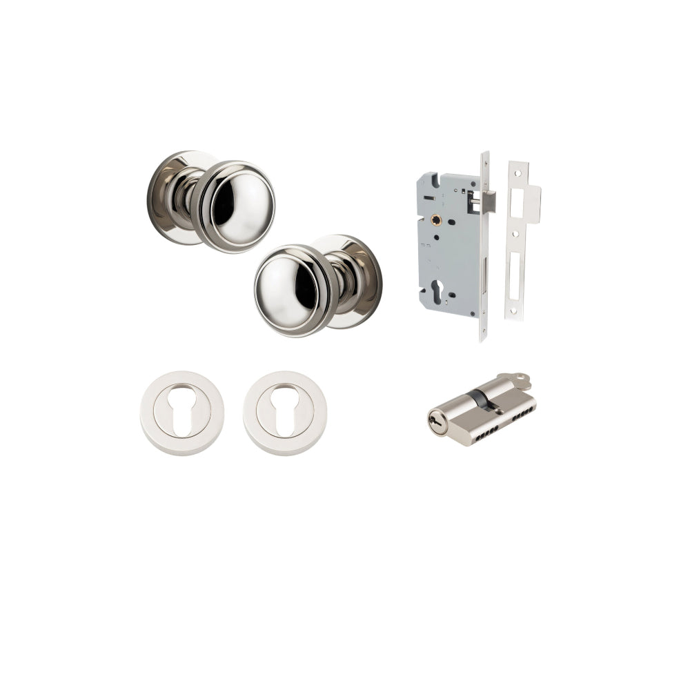 Door Knob Paddington Round Rose Concealed Fix Polished Nickel D54xP68mm BP58mm Entrance Kit, Mortice Lock Euro Polished Nickel CTC85mm Backset 60mm, Euro Cylinder Dual Function 5 Pin Polished Nickel L65mm KA1, Escutcheon Euro Concealed Fix Round P… in Polished Nickel