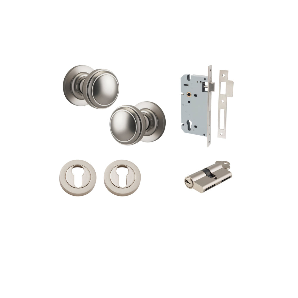 Door Knob Paddington Round Rose Concealed Fix Satin Nickel D54xP68mm BP58mm Entrance Kit, Mortice Lock Euro Satin Nickel CTC85mm Backset 60mm, Euro Cylinder Dual Function 5 Pin Satin Nickel L65mm KA1, Escutcheon Euro Concealed Fix Round Pair Satin… in Satin Nickel
