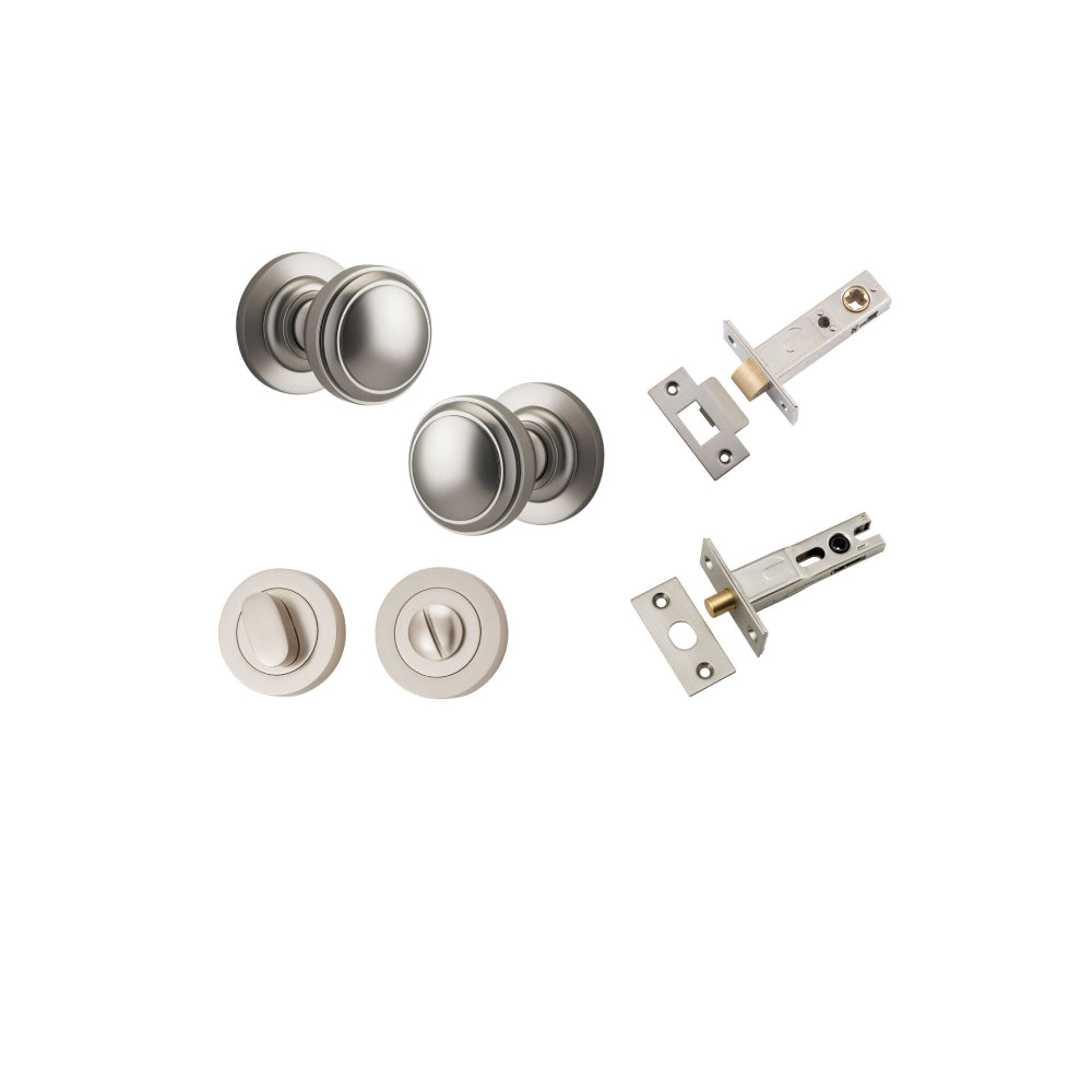 Door Knob Paddington Round Rose Concealed Fix Satin Nickel D54xP68mm BP58mm Privacy Kit, Tube Latch Split Cam 'T' Striker Satin Nickel Backset 60mm, Privacy Bolt Round Bolt Satin Nickel Backset 60mm, Privacy Turn Oval Concealed Fix Round Satin Nic… in Satin Nickel