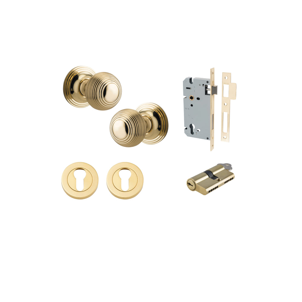 Door Knob Guildford Round Rose Concealed Fix Polished Brass D52xP78mm BP60mm Entrance Kit, Mortice Lock Euro Polished Brass CTC85mm Backset 60mm, Euro Cylinder Dual Function 5 Pin Polished Brass L65mm KA1, Escutcheon Euro Concealed Fix Round Pair … in Polished Brass