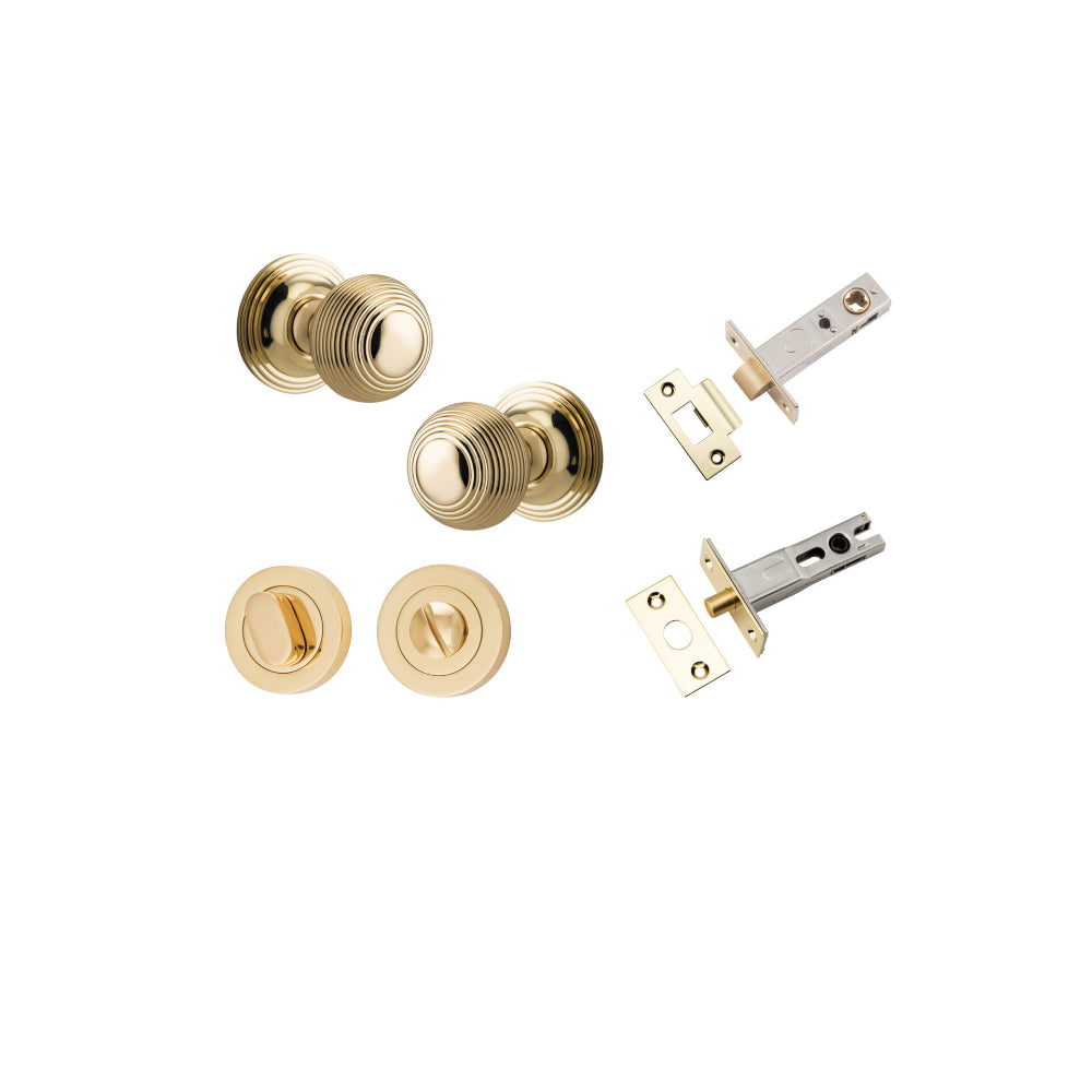Door Knob Guildford Round Rose Concealed Fix Polished Brass D52xP78mm BP60mm Privacy Kit, Tube Latch Split Cam 'T' Striker Polished Brass Backset 60mm, Privacy Bolt Round Bolt Polished Brass Backset 60mm, Privacy Turn Oval Concealed Fix Round Poli… in Polished Brass