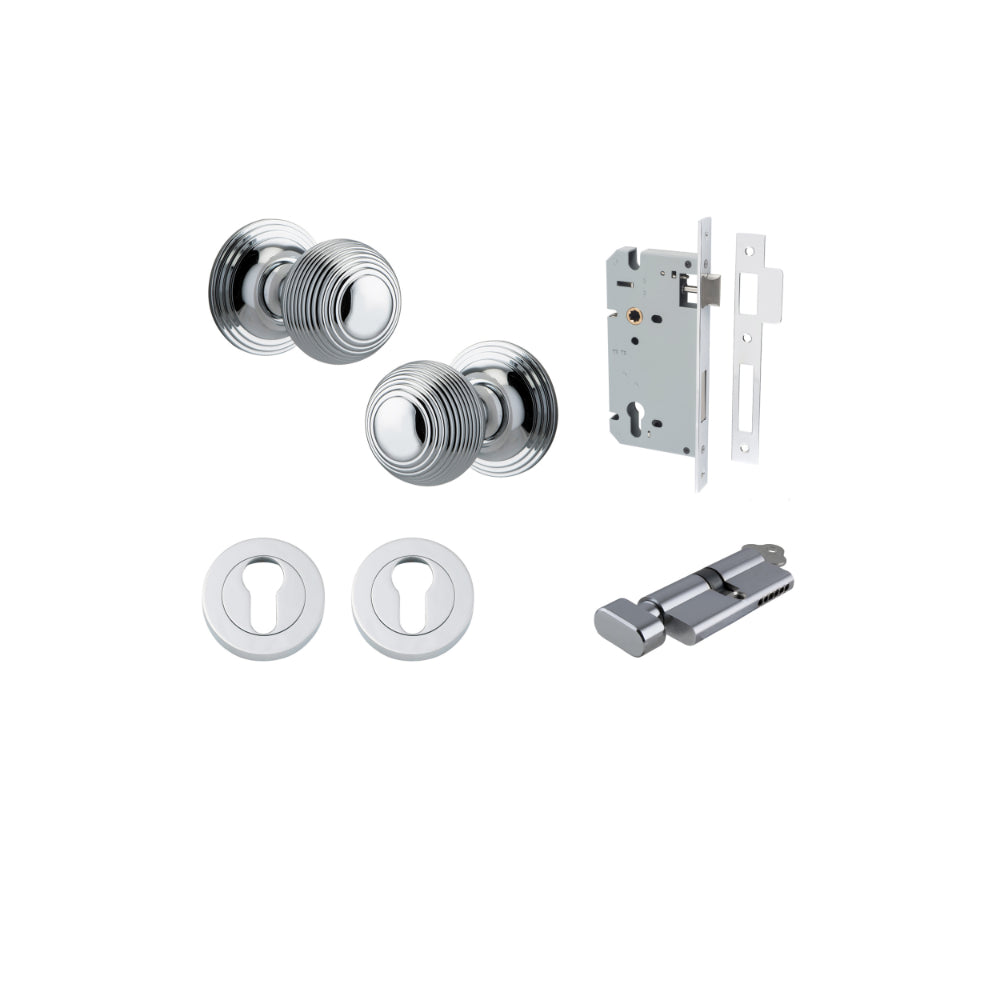 Door Knob Guildford Round Rose Concealed Fix Polished Chrome D52xP78mm BP60mm Entrance Kit, Mortice Lock Euro Polished Chrome CTC85mm Backset 60mm, Euro Cylinder Key Thumb 6 Pin Polished Chrome L70mm KA1, Escutcheon Euro Concealed Fix Round Pair P… in Polished Chrome