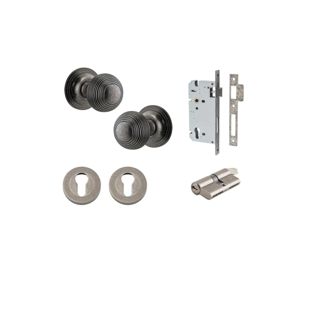 Door Knob Guildford Round Rose Concealed Fix Distressed Nickel D52xP78mm BP60mm Entrance Kit, Mortice Lock Euro Distressed Nickel CTC85mm Backset 60mm, Euro Cylinder Dual Function 5 Pin Distressed Nickel L65mm KA1, Escutcheon Euro Concealed Fix Ro… in Distressed Nickel