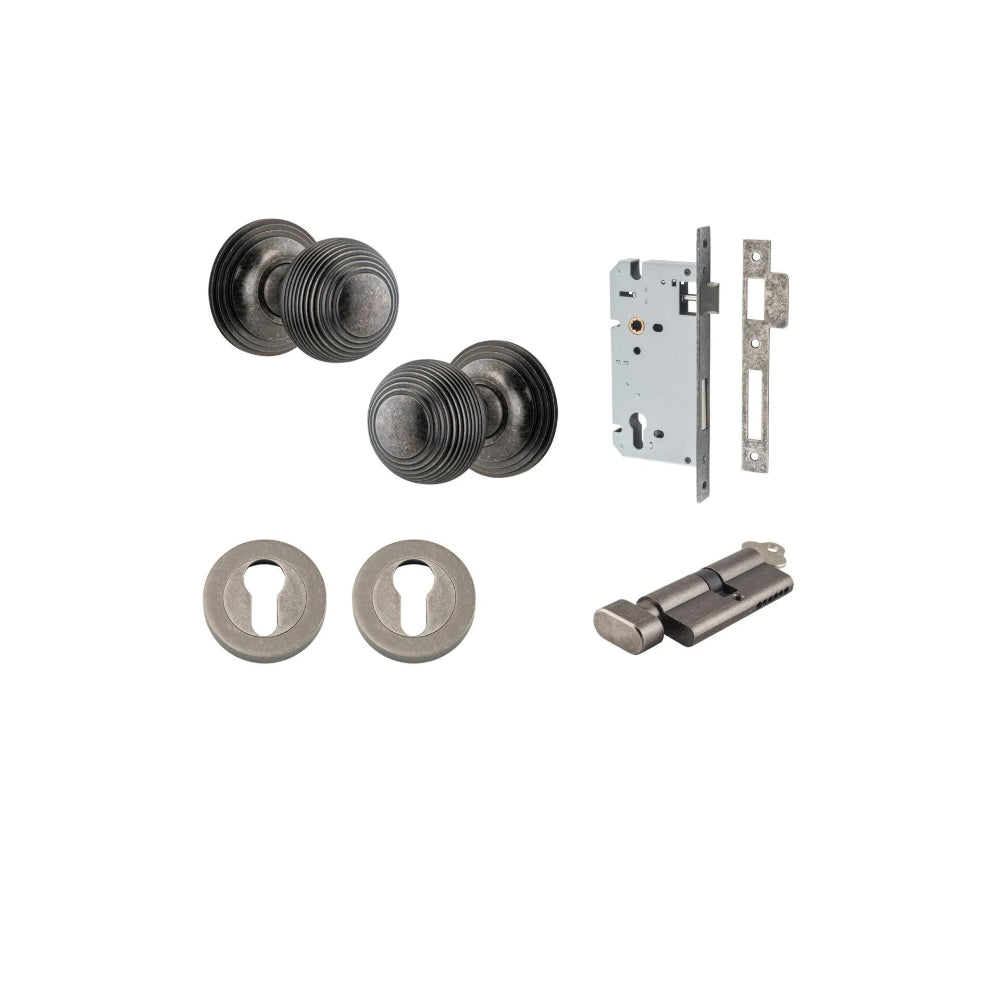 Door Knob Guildford Round Rose Concealed Fix Distressed Nickel D52xP78mm BP60mm Entrance Kit, Mortice Lock Euro Distressed Nickel CTC85mm Backset 60mm, Euro Cylinder Key Thumb 6 Pin Distressed Nickel L70mm KA1, Escutcheon Euro Concealed Fix Round … in Distressed Nickel
