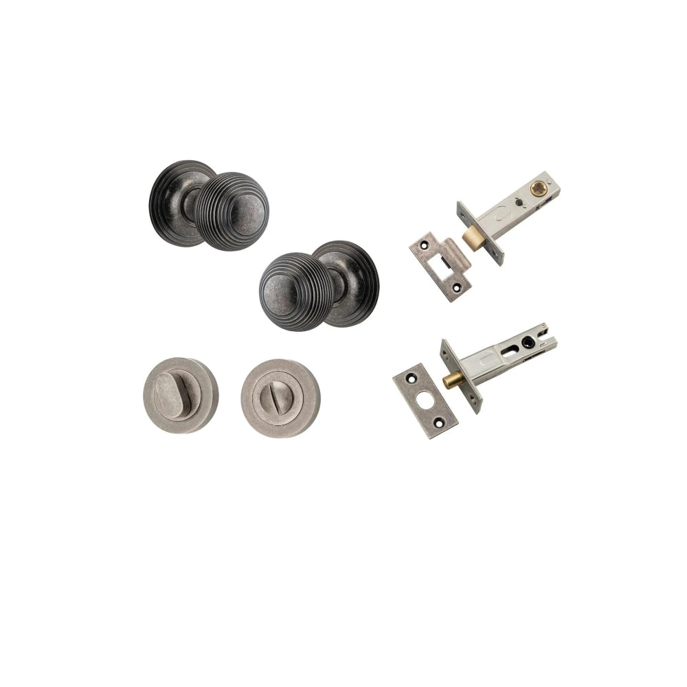 Door Knob Guildford Round Rose Concealed Fix Distressed Nickel D52xP78mm BP60mm Privacy Kit, Tube Latch Split Cam 'T' Striker Distressed Nickel Backset 60mm, Privacy Bolt Round Bolt Distressed Nickel Backset 60mm, Privacy Turn Oval Concealed Fix R… in Distressed Nickel