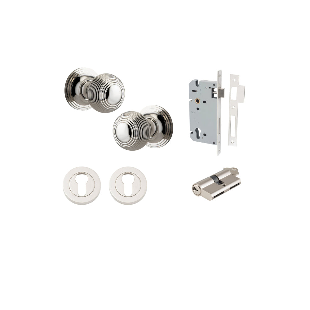 Door Knob Guildford Round Rose Concealed Fix Polished Nickel D52xP78mm BP60mm Entrance Kit, Mortice Lock Euro Polished Nickel CTC85mm Backset 60mm, Euro Cylinder Dual Function 5 Pin Polished Nickel L65mm KA1, Escutcheon Euro Concealed Fix Round Pa… in Polished Nickel