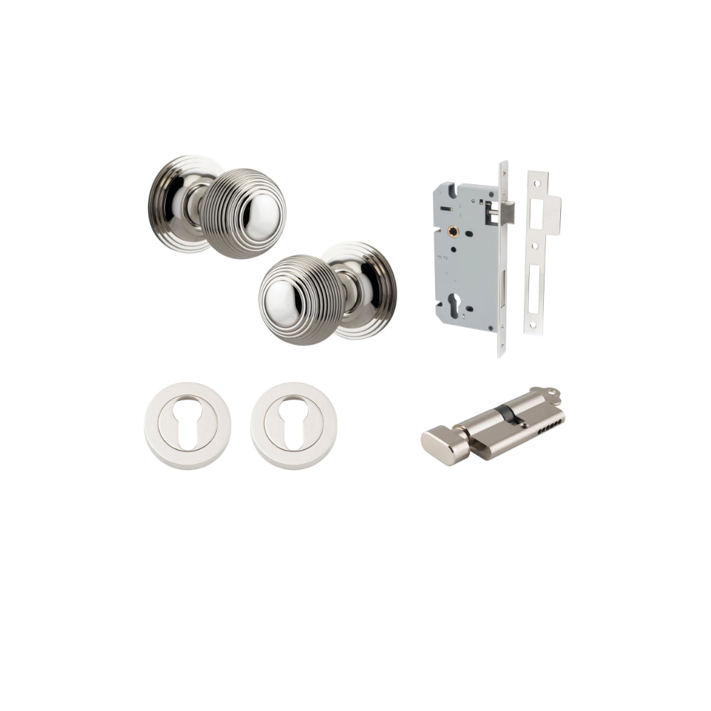 Door Knob Guildford Round Rose Concealed Fix Polished Nickel D52xP78mm BP60mm Entrance Kit, Mortice Lock Euro Polished Nickel CTC85mm Backset 60mm, Euro Cylinder Key Thumb 6 Pin Polished Nickel L70mm KA1, Escutcheon Euro Concealed Fix Round Pair P… in Polished Nickel