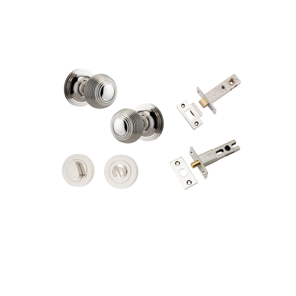 Door Knob Guildford Round Rose Concealed Fix Polished Nickel D52xP78mm BP60mm Privacy Kit, Tube Latch Split Cam 'T' Striker Polished Nickel Backset 60mm, Privacy Bolt Round Bolt Polished Nickel Backset 60mm, Privacy Turn Oval Concealed Fix Round P… in Polished Nickel