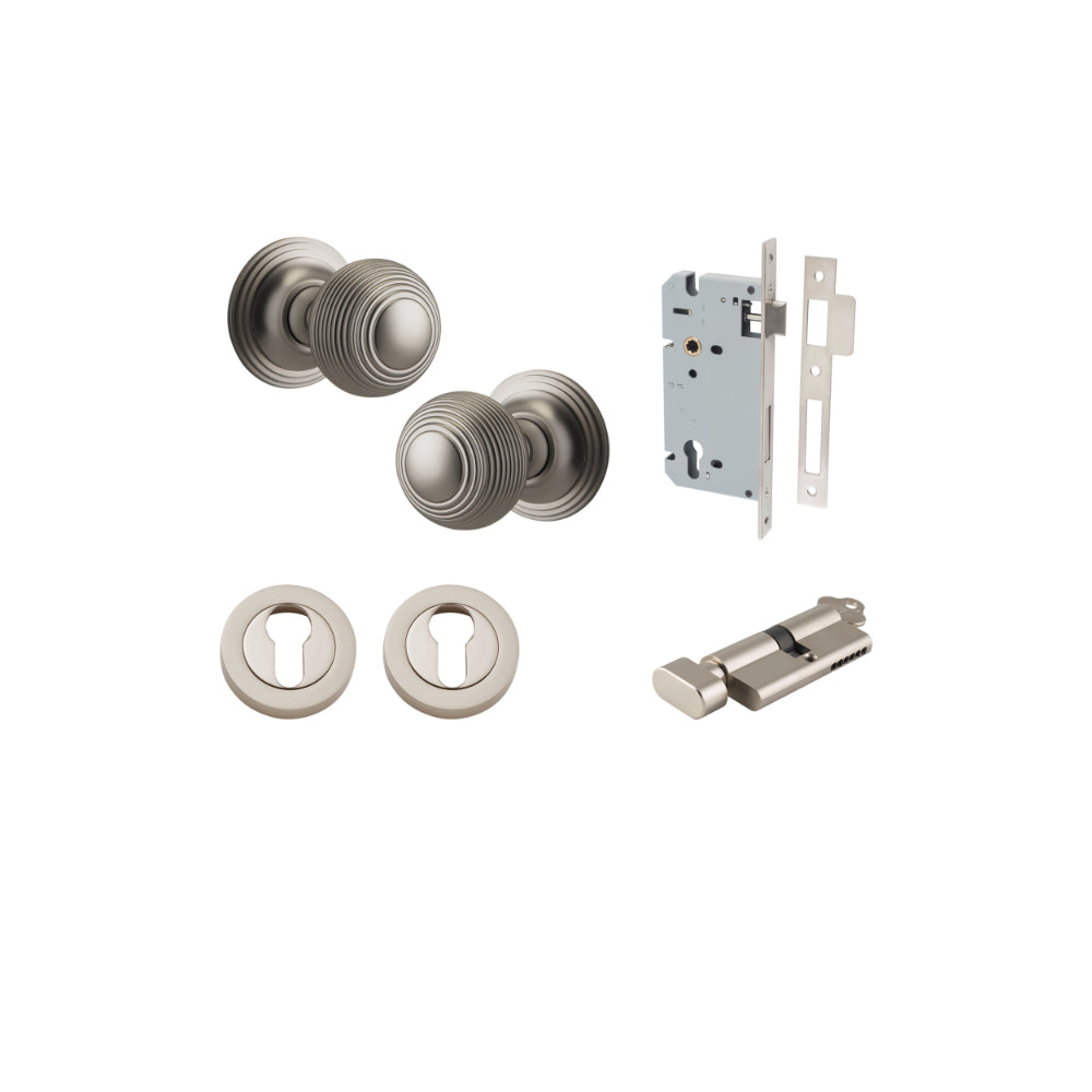 Door Knob Guildford Round Rose Concealed Fix Satin Nickel D52xP78mm BP60mm Entrance Kit, Mortice Lock Euro Satin Nickel CTC85mm Backset 60mm, Euro Cylinder Key Thumb 6 Pin Satin Nickel L70mm KA1, Escutcheon Euro Concealed Fix Round Pair Satin Nick… in Satin Nickel