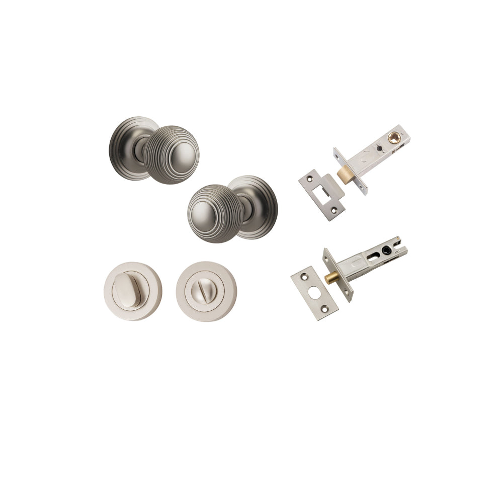 Door Knob Guildford Round Rose Concealed Fix Satin Nickel D52xP78mm BP60mm Privacy Kit, Tube Latch Split Cam 'T' Striker Satin Nickel Backset 60mm, Privacy Bolt Round Bolt Satin Nickel Backset 60mm, Privacy Turn Oval Concealed Fix Round Satin Nick… in Satin Nickel