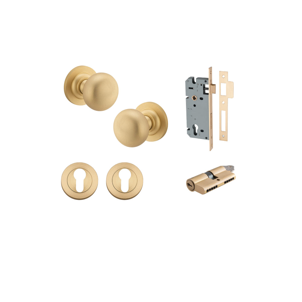 Door Knob Cambridge Round Rose Concealed Fix Brushed Brass D54xP67mm BP58mm Entrance Kit, Mortice Lock Euro Brushed Brass CTC85mm Backset 60mm, Euro Cylinder Dual Function 5 Pin Brushed Brass L65mm KA1, Escutcheon Euro Concealed Fix Round Pair Bru… in Brushed Brass