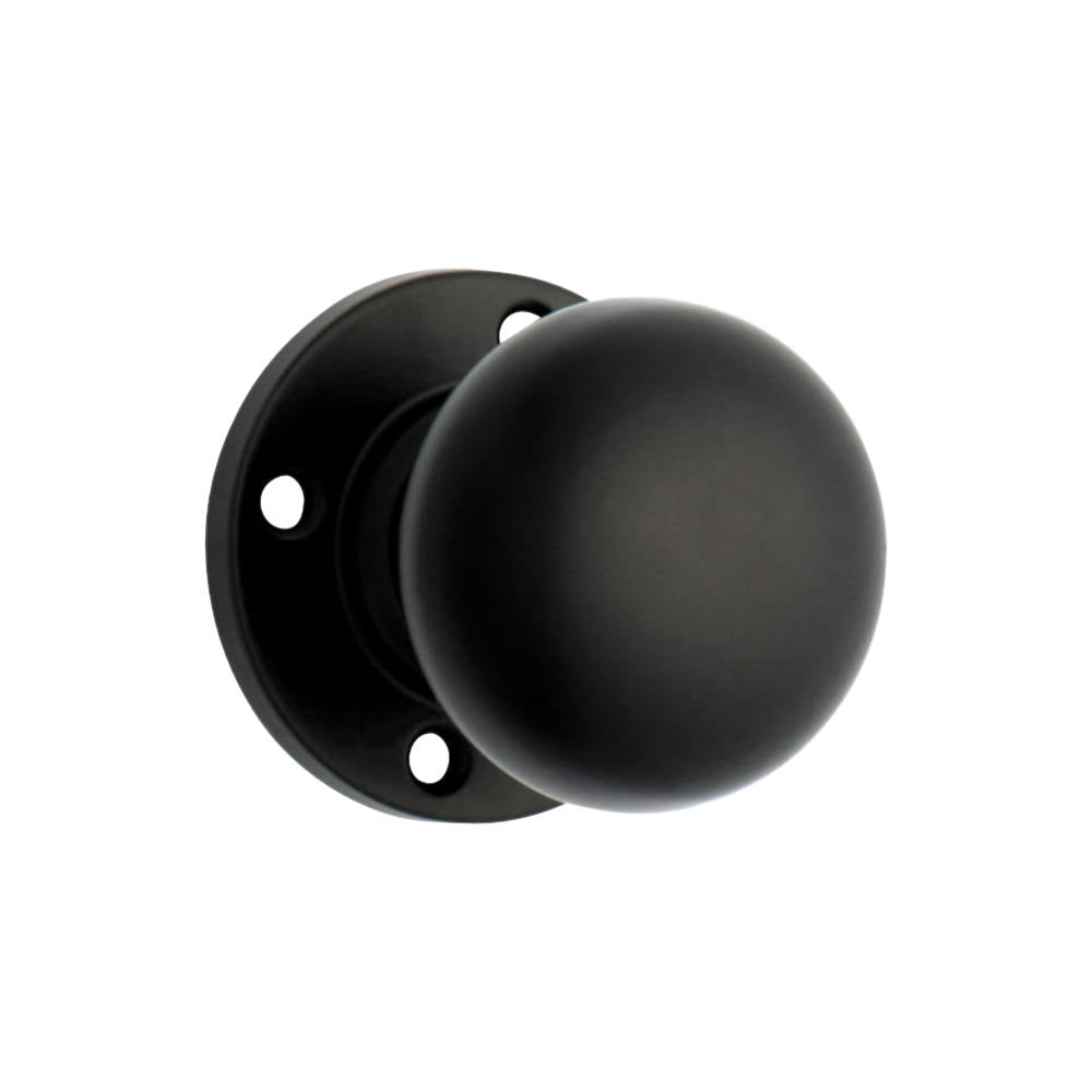 Door Knob Retro Fit Round Rose Pair Matt Black D54xP59mm BP60mm in Matt Black
