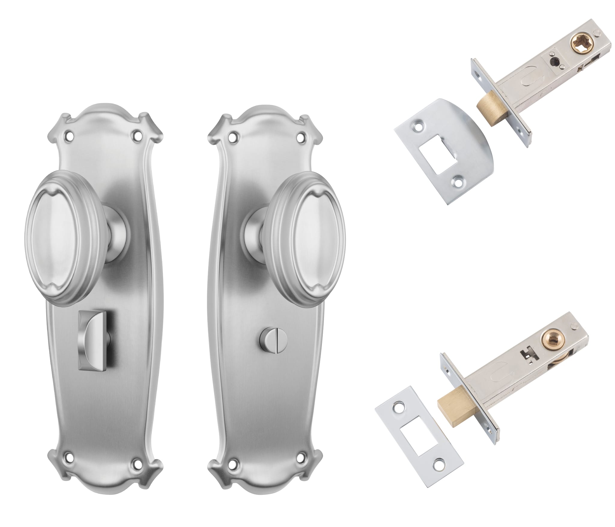 Door Knob Bungalow Satin Chrome Privacy Set in Satin Chrome