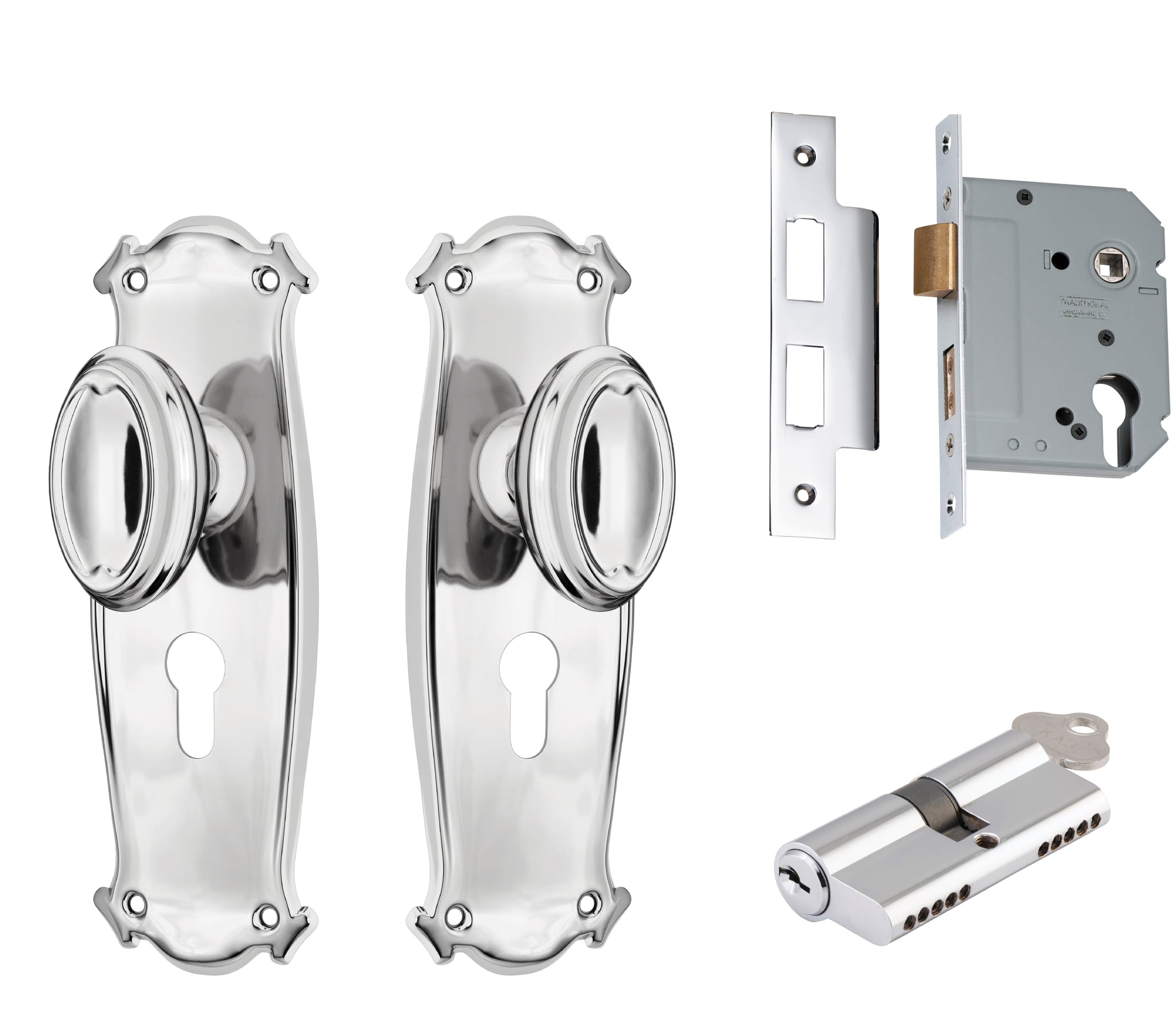 Door Knob Bungalow Chrome Plated Key / Key Entrance Set in Chrome Plated