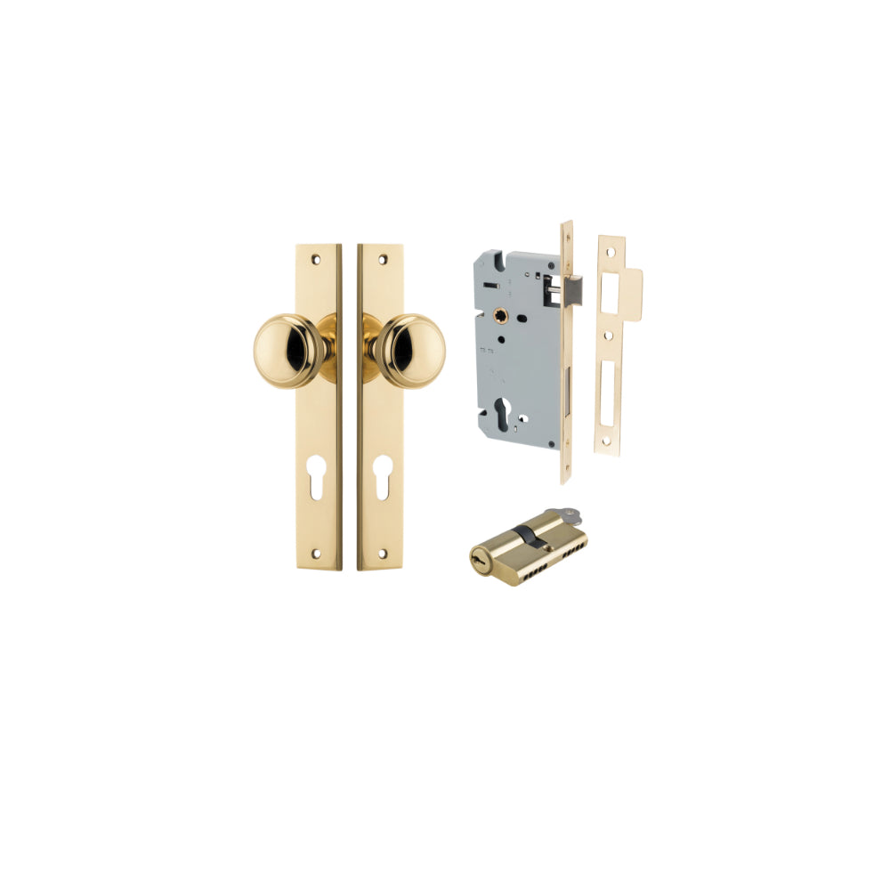 Door Knob Paddington Rectangular Euro Polished Brass CTC85mm H240xW38xP68mm Entrance Kit Mortice Lock Euro Polished Brass CTC85mm Backset 60mm, Euro Cylinder Dual Function 5 Pin Polished Brass L65mm KA1 in Polished Brass