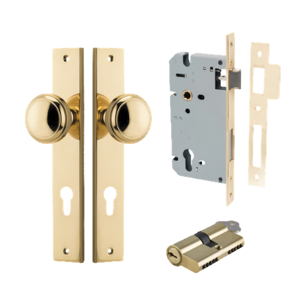 Door Knob Paddington Rectangular Euro Polished Brass CTC85mm H240xW38xP68mm Entrance Kit Mortice Lock Euro Polished Brass CTC85mm Backset 60mm, Euro Cylinder Dual Function 5 Pin Polished Brass L65mm KA1 in Polished Brass