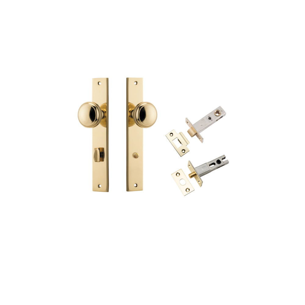 Door Knob Paddington Rectangular Privacy Polished Brass CTC85mm H240xW38xP68mm Inbuilt Privacy Kit Tube Latch Split Cam 'T' Striker Polished Brass Backset 60mm, Privacy Bolt Round Bolt Polished Brass Backset 60mm in Polished Brass
