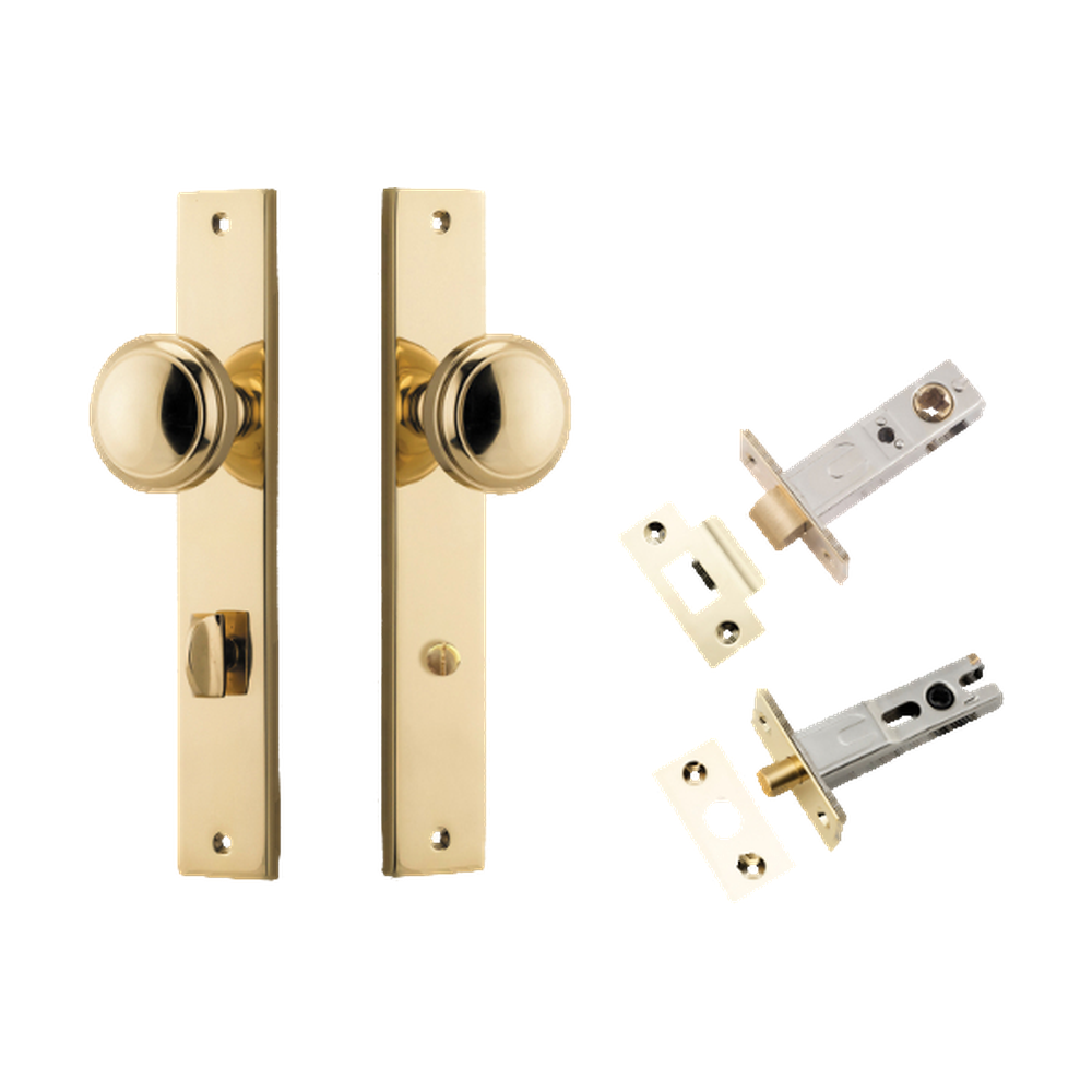 Door Knob Paddington Rectangular Privacy Polished Brass CTC85mm H240xW38xP68mm Inbuilt Privacy Kit Tube Latch Split Cam 'T' Striker Polished Brass Backset 60mm, Privacy Bolt Round Bolt Polished Brass Backset 60mm in Polished Brass