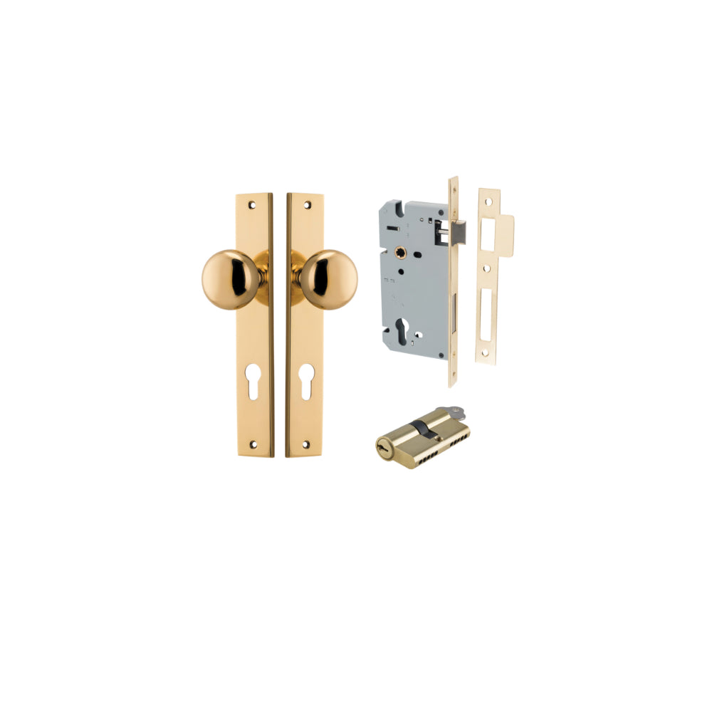 Door Knob Cambridge Rectangular Euro Polished Brass CTC85mm H240xW38xP67mm Entrance Kit Mortice Lock Euro Polished Brass CTC85mm Backset 60mm, Euro Cylinder Dual Function 5 Pin Polished Brass L65mm KA1 in Polished Brass