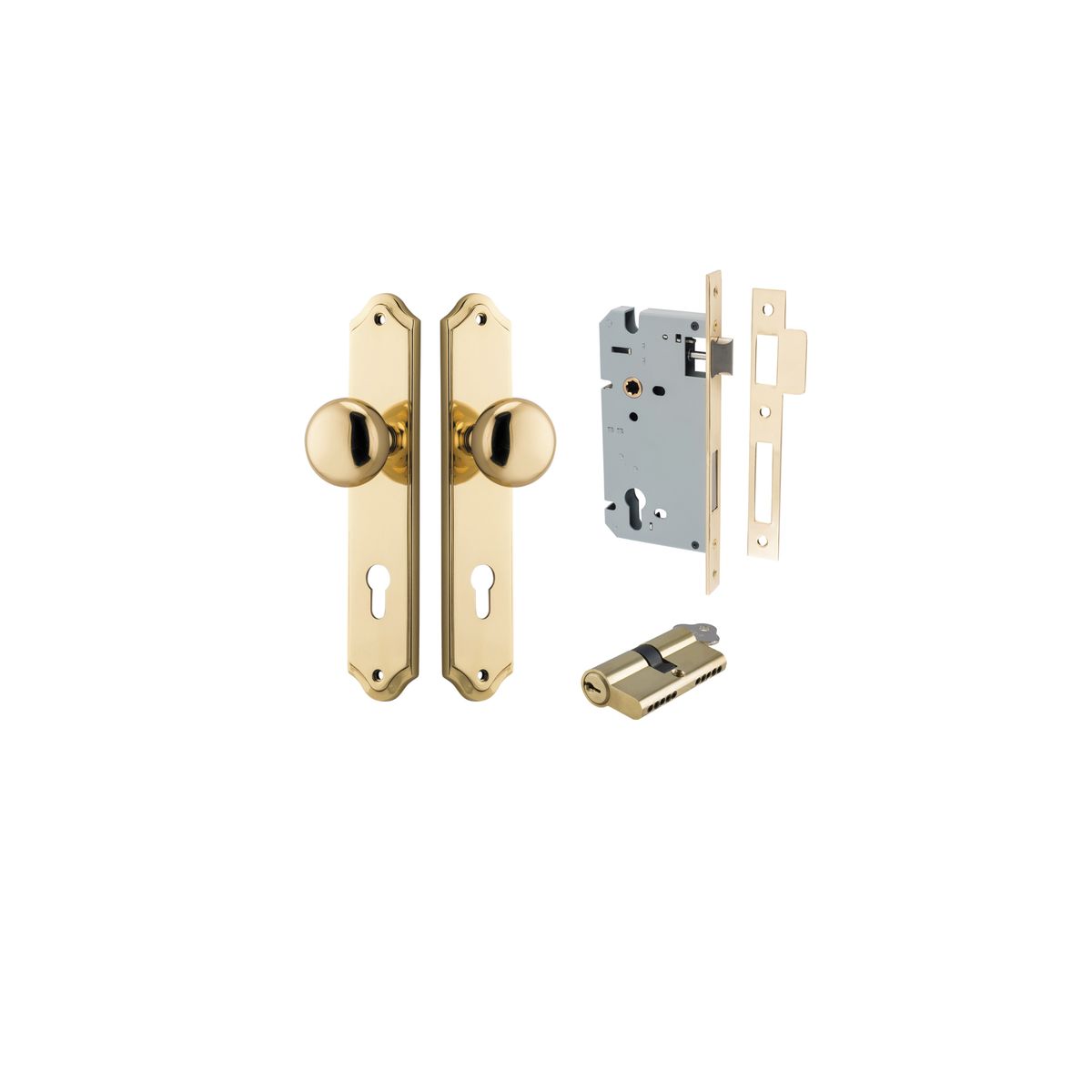Door Knob Cambridge Shouldered Euro Polished Brass CTC85mm H240xW50xP67mm Entrance Kit, Mortice Lock Euro Polished Brass CTC85mm Backset 60mm, Euro Cylinder Dual Function 5 Pin Polished Brass L65mm KA1 in Polished Brass