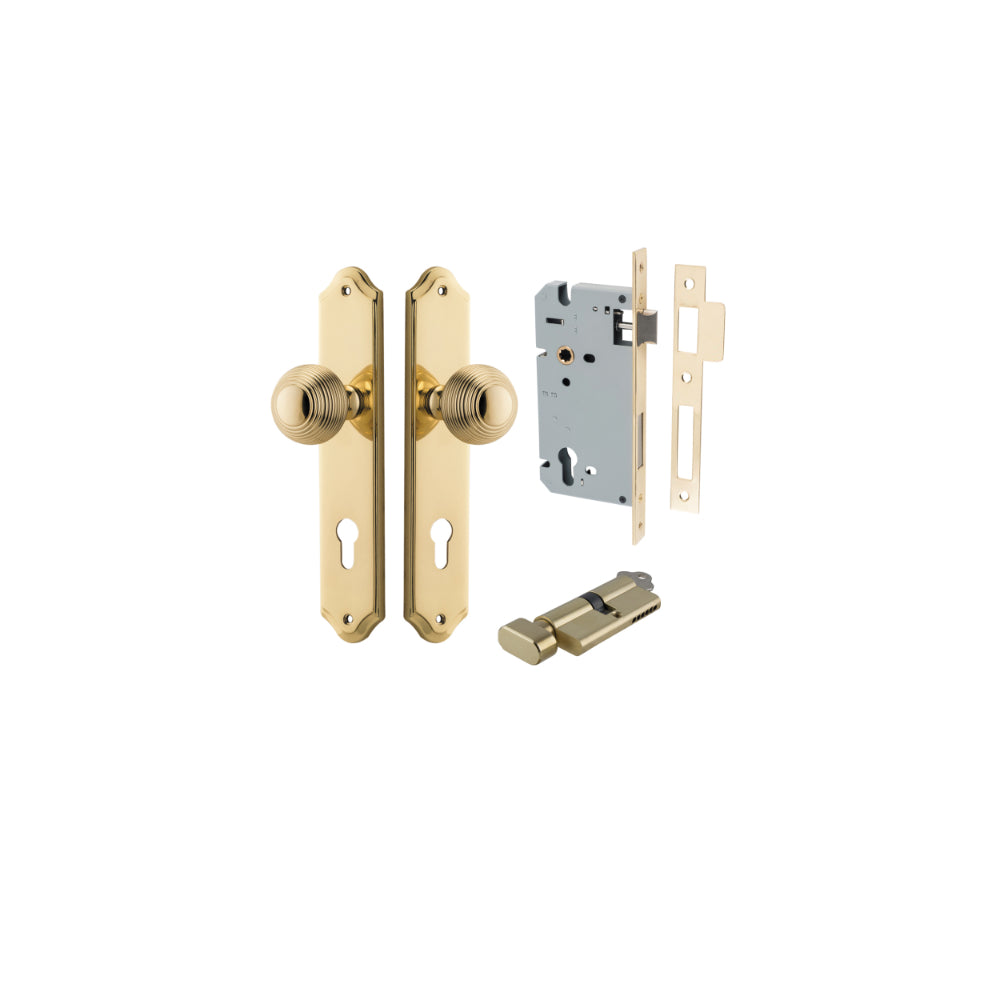 Door Knob Guildford Shouldered Euro Polished Brass CTC85mm H240xW50xP60mm Entrance Kit, Mortice Lock Euro Polished Brass CTC85mm Backset 60mm, Euro Cylinder Key Thumb 6 Pin Polished Brass L70mm KA1 in Polished Brass
