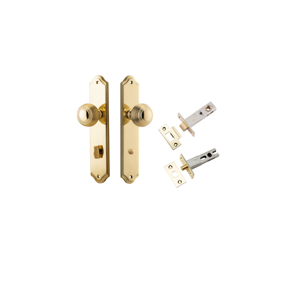 Door Knob Guildford Shouldered Privacy Polished Brass CTC85mm H240xW50xP60mm Inbuilt Privacy Kit, Tube Latch Split Cam 'T' Striker Polished Brass Backset 60mm, Privacy Bolt Round Bolt Polished Brass Backset 60mm in Polished Brass