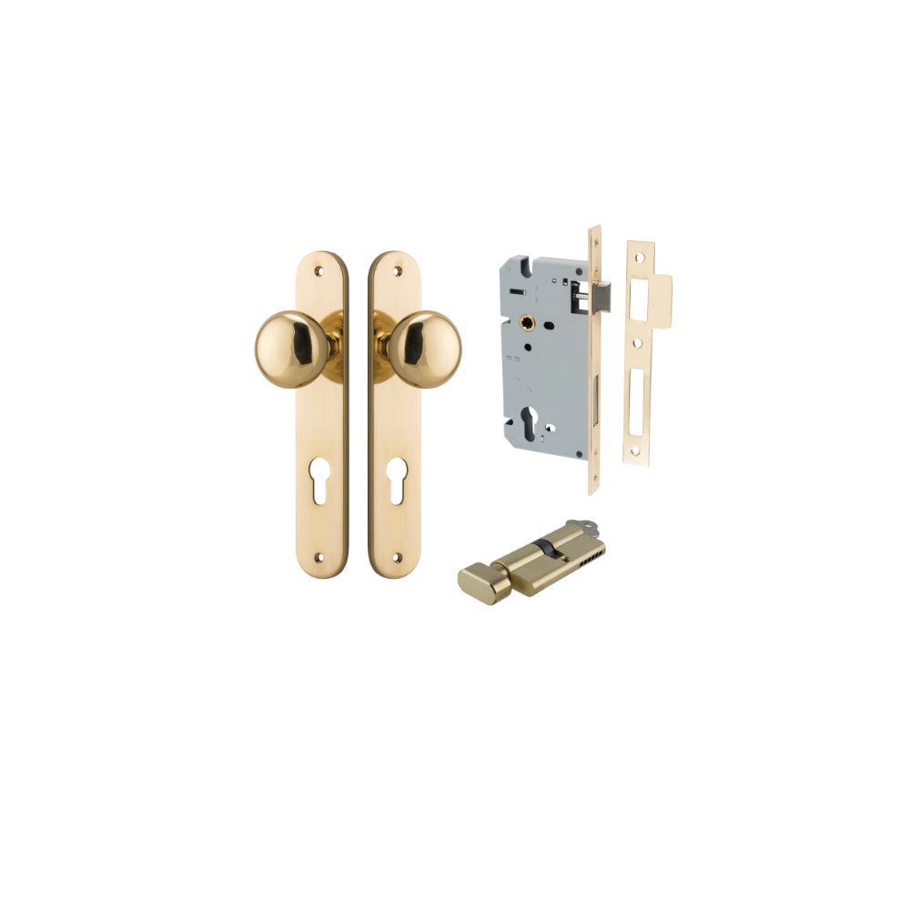 Door Knob Cambridge Oval Euro Polished Brass CTC85mm H240xW40xP67mm Entrance Kit, Mortice Lock Euro Polished Brass CTC85mm Backset 60mm, Euro Cylinder Key Thumb 6 Pin Polished Brass L70mm KA1 in Polished Brass
