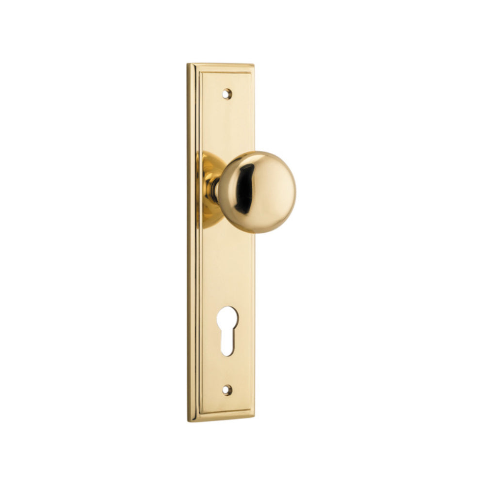 Door Knob Cambridge Stepped Euro Polished Brass CTC85mm H240xW50xP67mm in Polished Brass