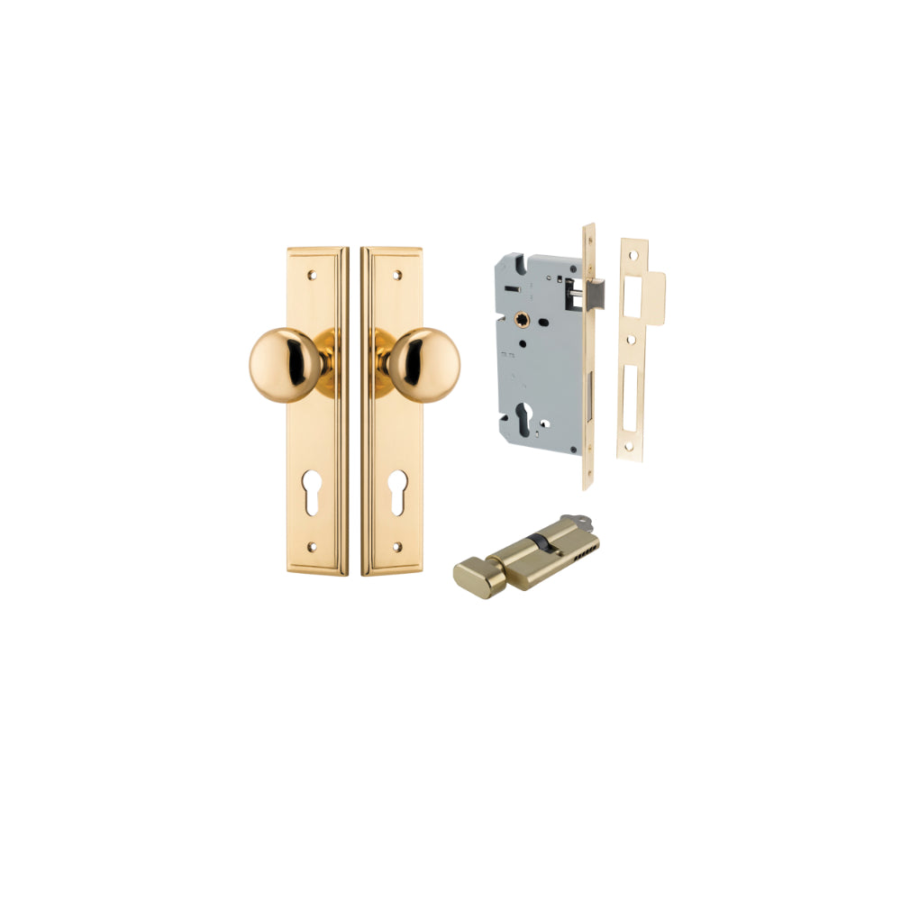 Door Knob Cambridge Stepped Euro Polished Brass CTC85mm H240xW50xP67mm Entrance Kit, Mortice Lock Euro Polished Brass CTC85mm Backset 60mm, Euro Cylinder Key Thumb 6 Pin Polished Brass L70mm KA1 in Polished Brass