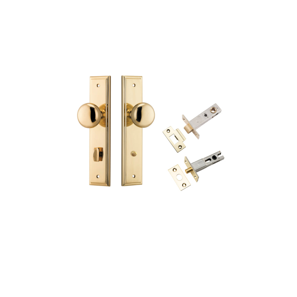 Door Knob Cambridge Stepped Privacy Polished Brass CTC85mm H240xW50xP67mm Inbuilt Privacy Kit, Tube Latch Split Cam 'T' Striker Polished Brass Backset 60mm, Privacy Bolt Round Bolt Polished Brass Backset 60mm in Polished Brass