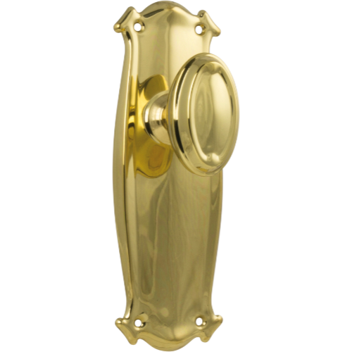 Pair of Tradco Bungalow Knobs on long backplates, vintage-style door hardware with brass finish.