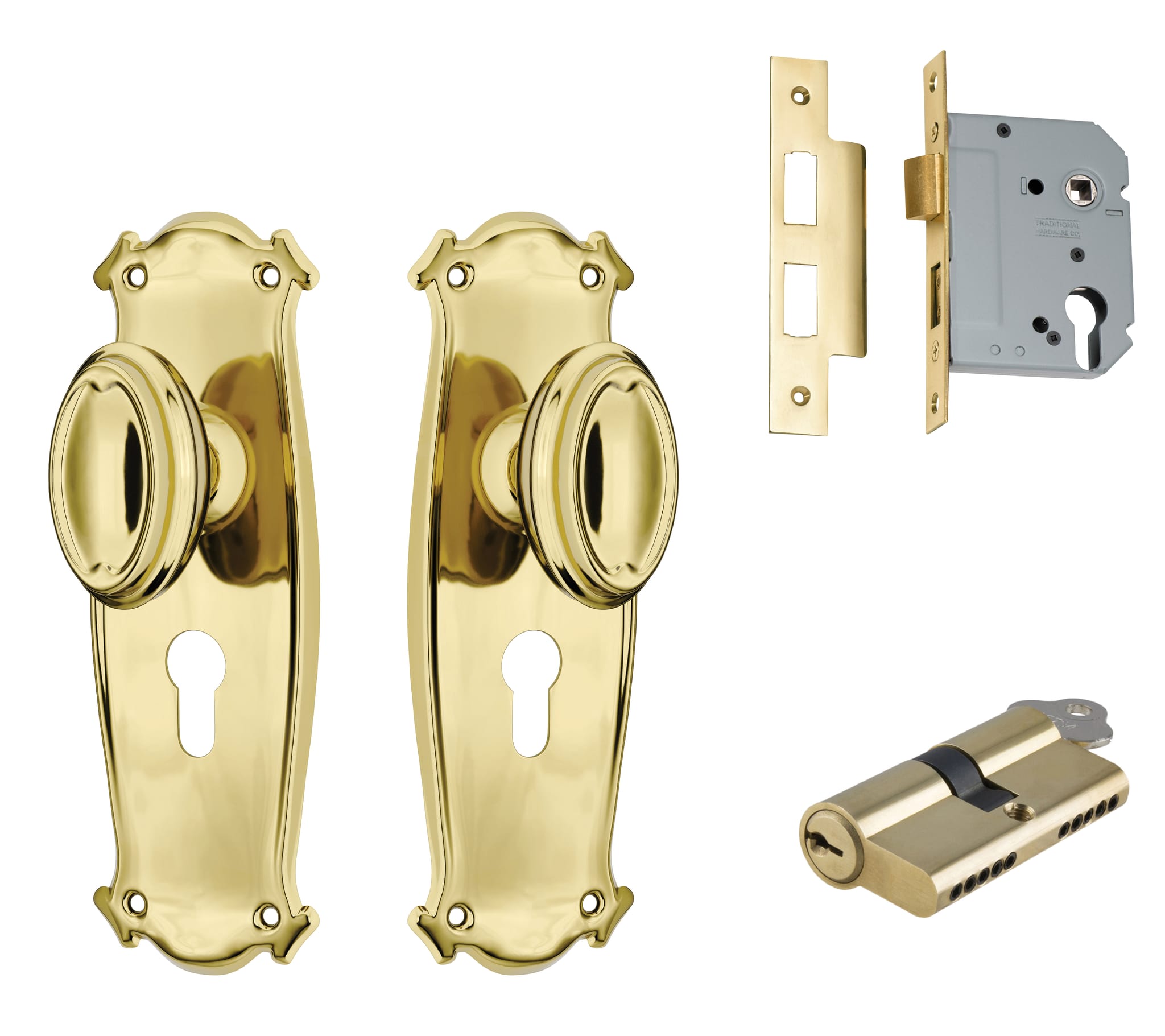Door Knob Bungalow Polished Brass Key / Key Entrance Set in Polished Brass