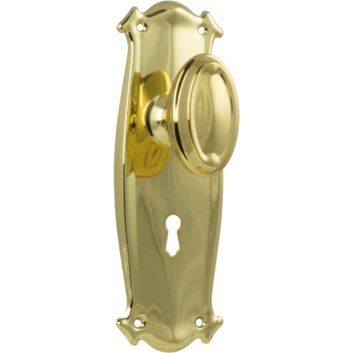 Pair of Tradco Bungalow knobs on long backplates with decorative detailing, ideal for vintage-style doors.