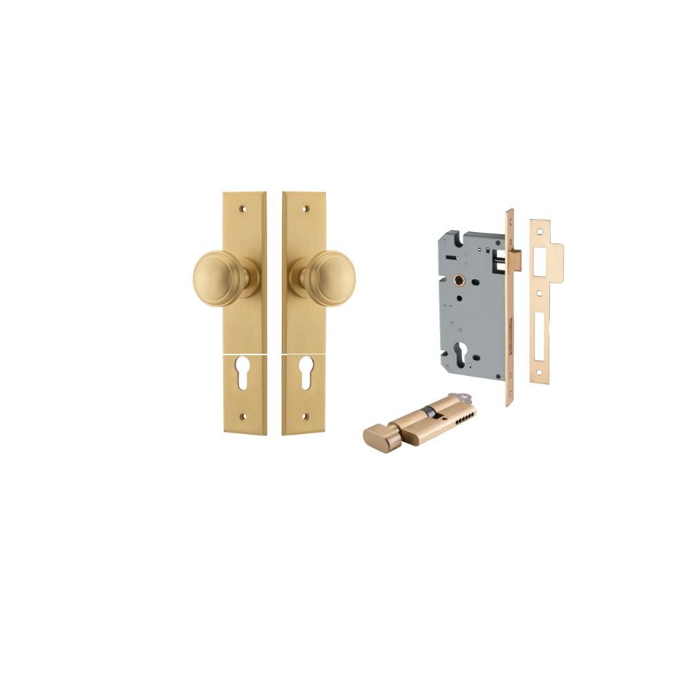 Door Knob Paddington Chamfered Euro Pair Brushed Brass CTC85mm D55xP63mm BPH240xW50mm, Mortice Lock Euro Brushed Brass CTC85mm Backset 60mm, Euro Cylinder Key Thumb 5 Pin Brushed Brass 65mm KA4 in Brushed Brass