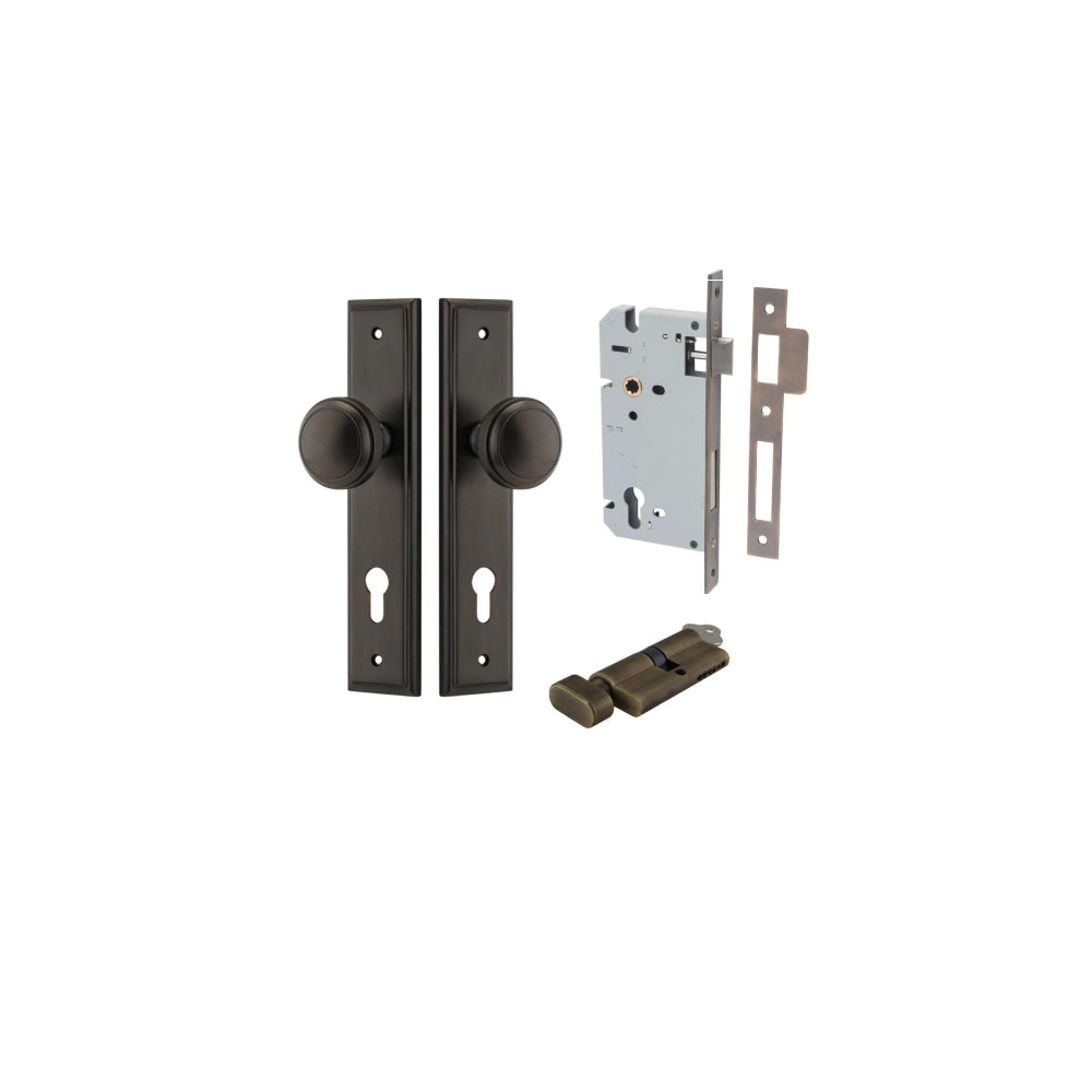 Door Knob Paddington Stepped Euro Signature Brass CTC85mm H240xW50xP68mm Entrance Kit, Mortice Lock Euro Signature Brass CTC85mm Backset 60mm, Euro Cylinder Key Thumb 6 Pin Signature Brass L70mm KA1 in Signature Brass